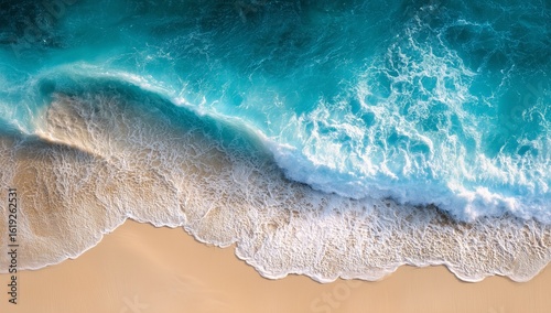 Aerial top view of a stunning white sand beach with turquoise ocean waves gently crashing on the shore under natural sunlight, captured in minimalistic and hyper realistic style with sharp details and