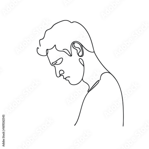 Abstract line drawing of a man with a downcast expression, a state of despondency, sadness, and helplessness  