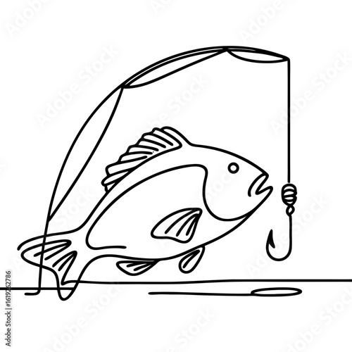 Linear drawing of fish caught on hook with fishing line  