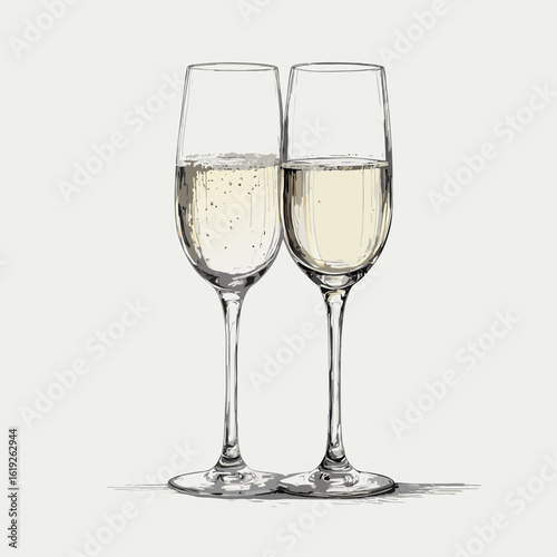 Two champagne flutes filled with sparkling wine on light background  