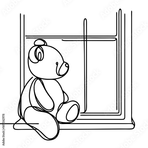 Teddy bear sitting on windowsill looking out with simple lines  