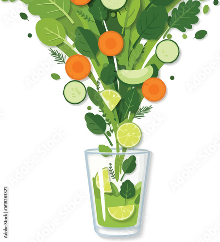 Vibrant green smoothie ingredients cascade into a refreshing glass