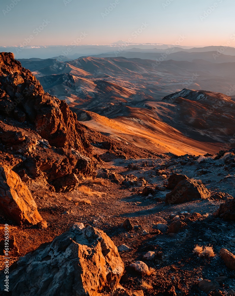 Obraz premium Red And Orange Rocks At Sunset Over Vast Desert Mountain Landscape