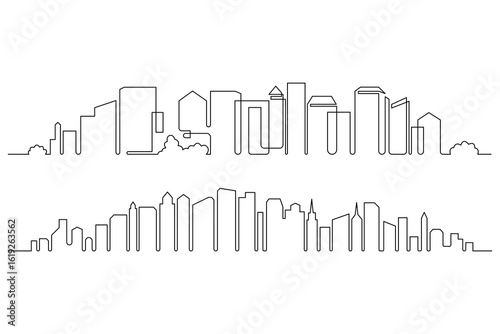 Modern cityscape continuous one line. Metropolis architecture panoramic landscape. skyscrapers hand drawn silhouette. Apartment buildings isolated minimalistic illustration.