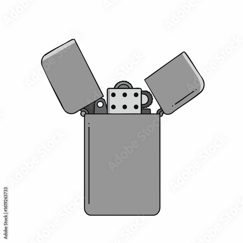 Open gray metal lighter with visible flint wheel and dotted pattern