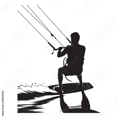 Silhouette of a kitesurfer riding a board on the water powered by a large kite against a white background