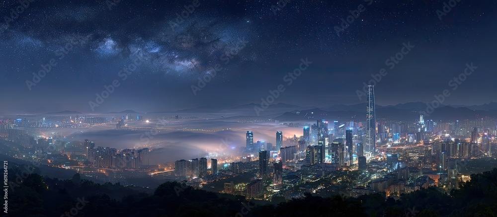 Fototapeta premium Night Cityscape Milky Way over Foggy Metropolis