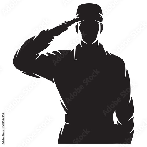 Silhouette of a soldier in uniform saluting with respect and honor against a stark white background