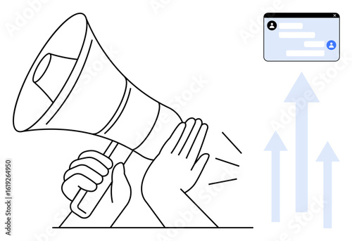 Loudspeaker held by hands broadcasting message, upward arrows symbolizing growth, dialogue box for communication. Ideal for marketing, social media, teamwork, promotion, messaging, leadership simple