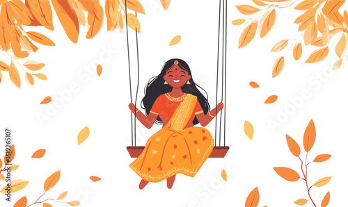 Indian woman sitting on a swing illustration flat vector design