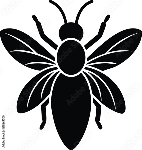 Black silhouette of a bee with detailed wings and body on white background insect black and white