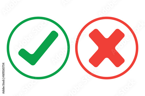 Right and wrong vector icon set rounded color black outline, flat rounded check mark, cross, x mark, circle shape thin line tick mark symbol. Approval and rejection signs isolated on white background