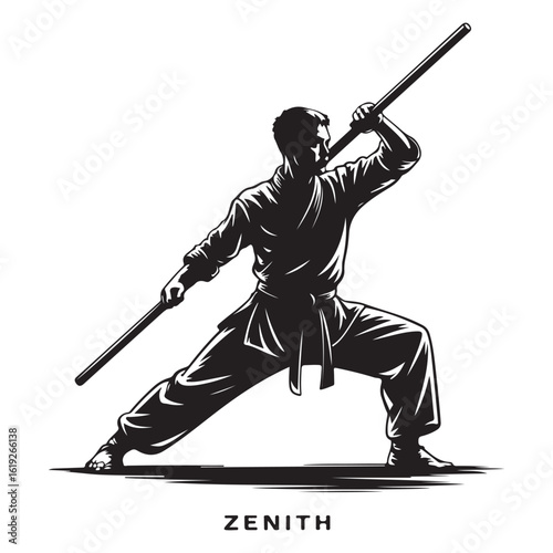 Dynamic silhouette of a martial artist in a powerful stance holding two bo staffs in a fighting pose
