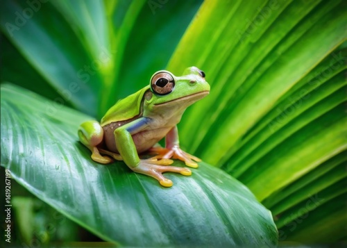 Green tree frog in closeup sitting on a lush leaf, with round eyes and peaceful atmosphere in tropical setting.