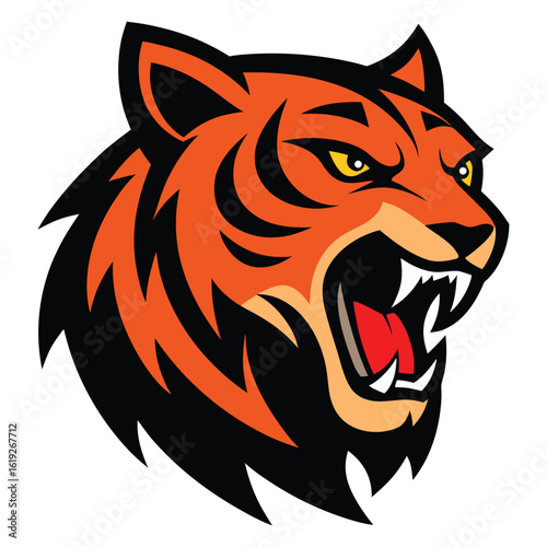 Fierce tiger head roaring with open mouth and sharp teeth mascot
