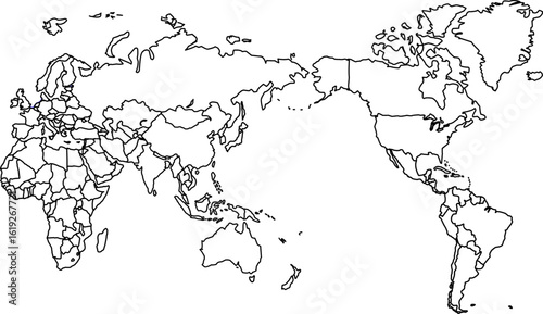 Black outline of world map centered on Pacific Ocean, showing all continents with minimal design and no labels, perfect for global visual content.

