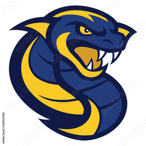 Aggressive blue and yellow serpent mascot with fangs and open mouth