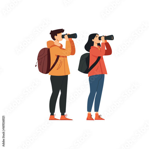 Young student with bagpack looking through binculor illustration flat vector design