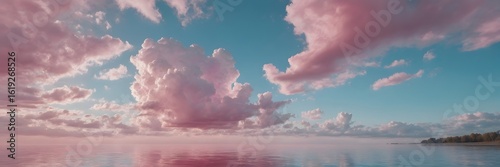 Serene Pink Cloudscape Over Calm Water Under Blue Sky at Sunset