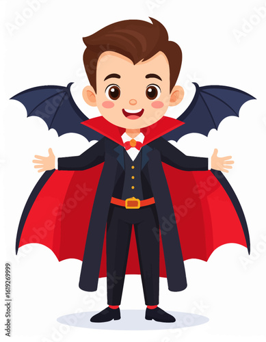Cute cartoon boy in a charming vampire costume celebrating Halloween with a smile and bat wings.