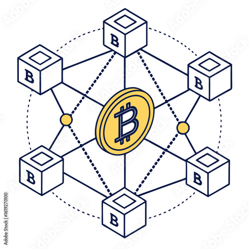 Vector art of a conceptual illustration of a decentralized blockchain network with interconnected blocks and a central bitcoin coin