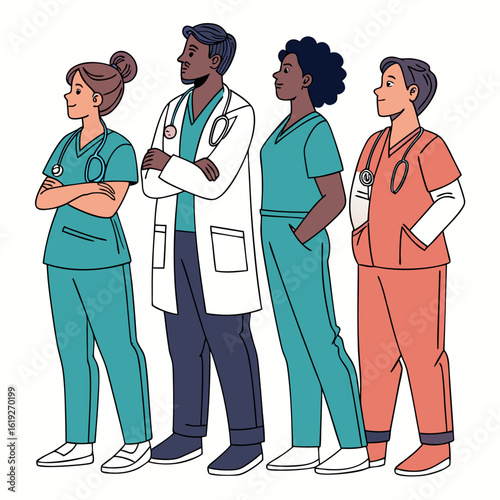 Vector art of a diverse team of medical professionals, including doctors and nurses, stand together in their uniforms, ready to provide care