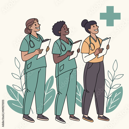 Vector art of a diverse team of three healthcare professionals, two in green scrubs and one in orange, holding clipboards and looking up with smiles