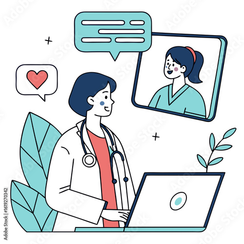 Vector art of a doctor consults with a patient online via video call on a laptop, symbolizing telemedicine and remote healthcare