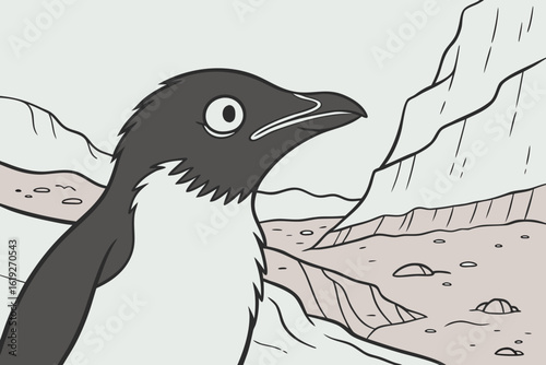 Close up portrait of an Adelie penguin at Brown Bluff, Antarctica.
