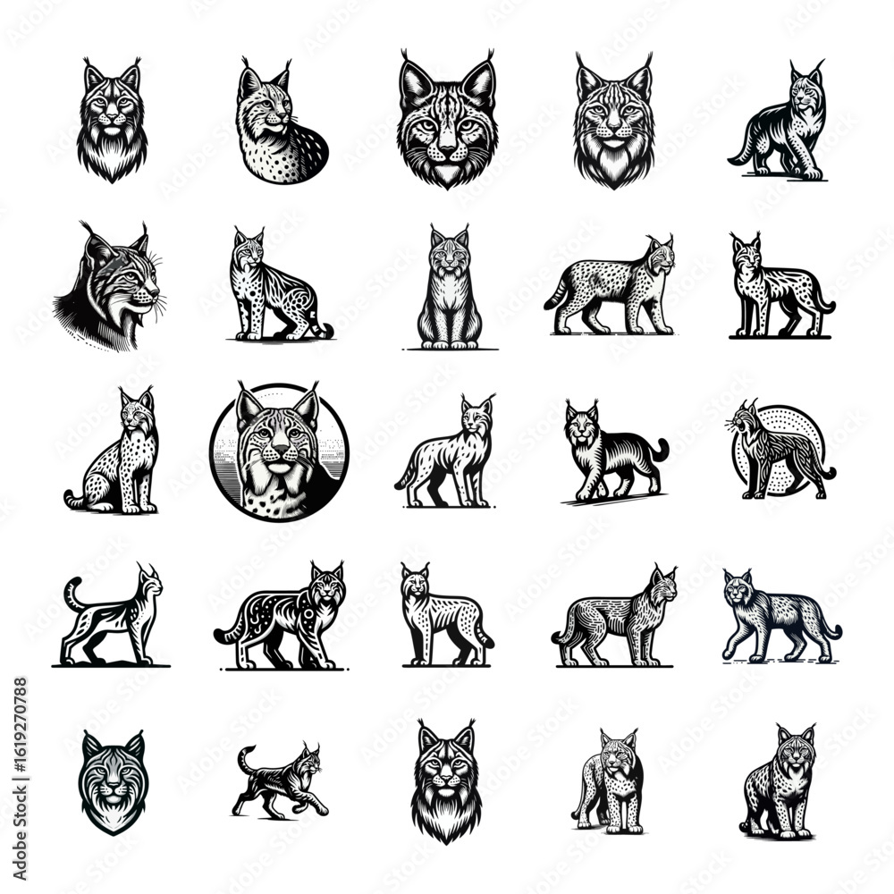 Fototapeta premium Set stylized lynx illustrations in black and white, each with unique line work and poses, showcasing the animal's distinctive features.