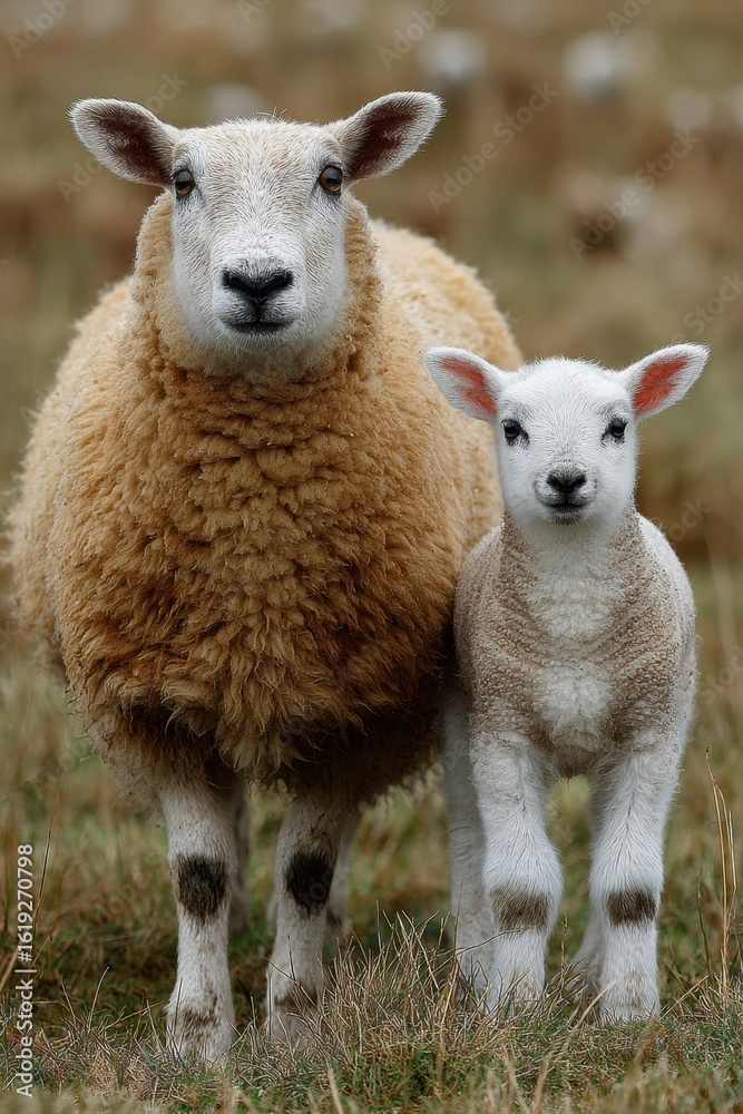 Fototapeta premium Royal Welsh Show Sheep and Lamb in Authentic Autumn Meadow Setting with Harvest Festival Joy for Premium Family Marketing and Agricultural Education