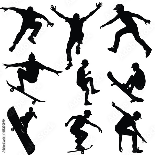 Black silhouettes of skateboarders performing various tricks 1