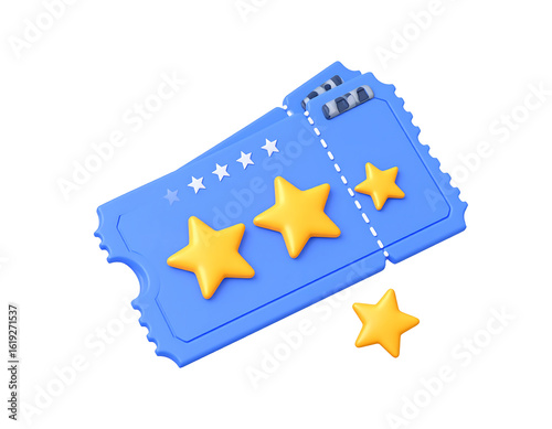3D plastic cartoon paper ticket with stars and film reel icons, playful design