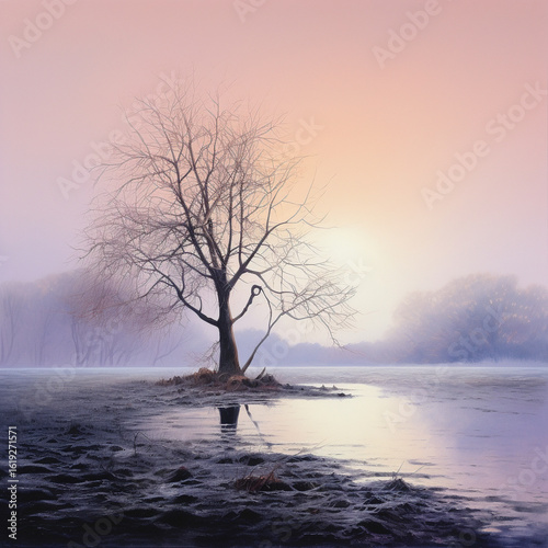 Generative Ai Illustration. Misty tree landscape. High quality photo