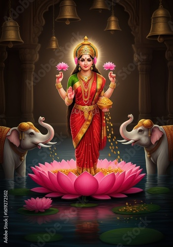 Illustration of goddess lakshmi standing on a lotus flower with elephants in a temple setting