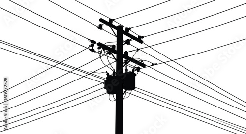 Electric pole silhouette, multiple transformer boxes, complex wiring system, urban infrastructure, high voltage electricity, vector design, power lines artwork, black illustration