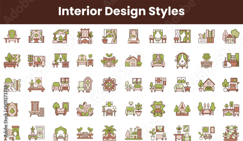 A colorful collection of illustrated icons showcasing various interior design styles, featuring furniture, plants, and decorative elements in a cohesive design.
