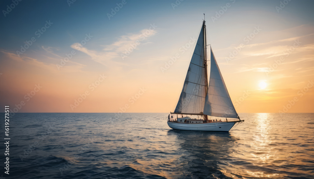 Fototapeta premium Sailboat with white sails on calm sea during warm sunset light