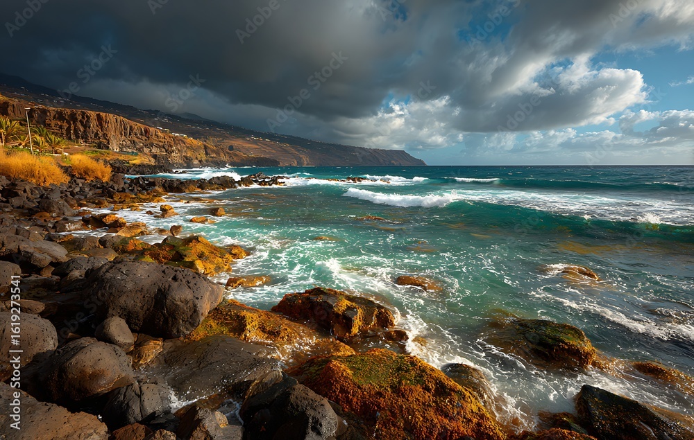 Obraz premium Dramatic Ocean Waves Crashing on Rocky Coastline Under a Dark and Stormy Sky