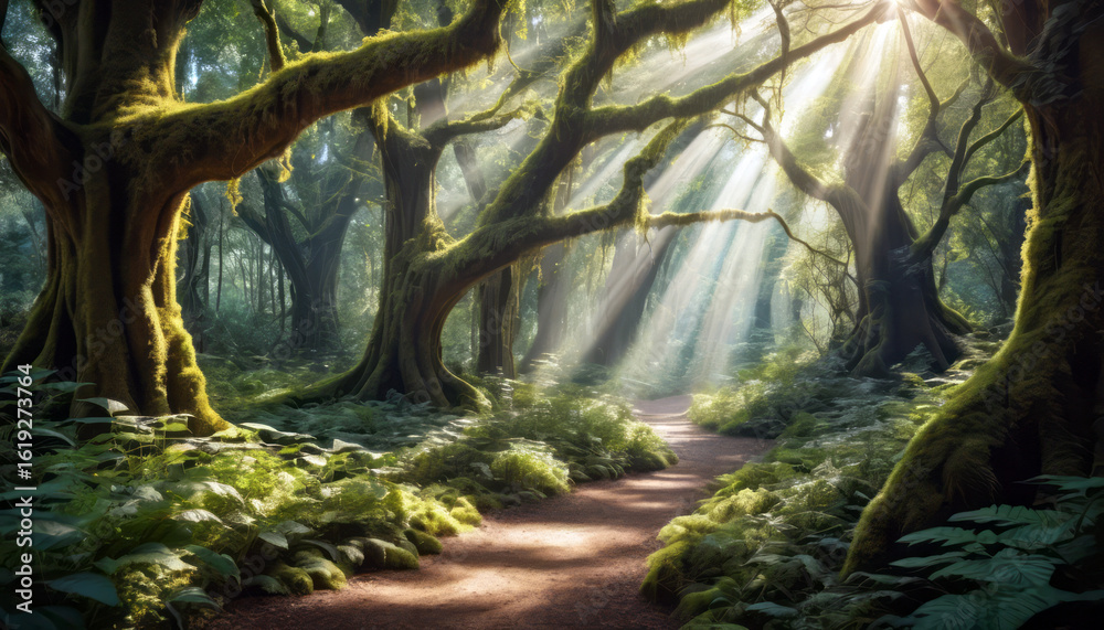 Naklejka premium Magical forest path with sunlight streaming through mossy trees