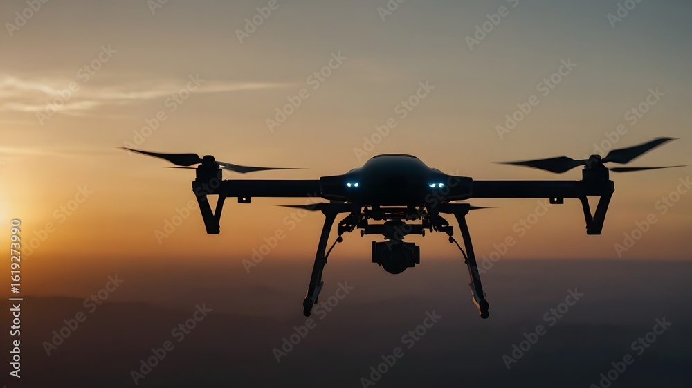 Fototapeta premium Black Drone Flying During Sunset with Glowing Lights Over Mountain Horizon