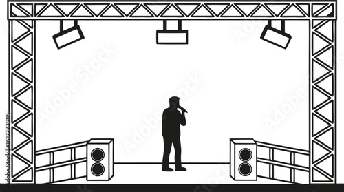 A simple vector illustration depicting a concert stage setup with a singer performing under stage lights and speaker systems ready for a live music event