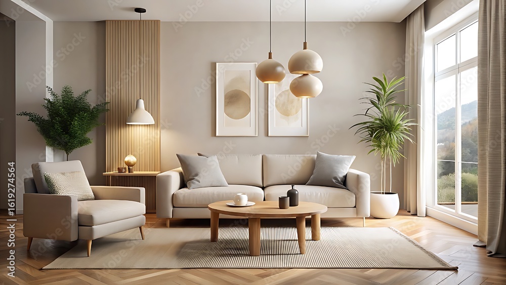 Fototapeta premium Modern Beige Living Room with Pendant Lights