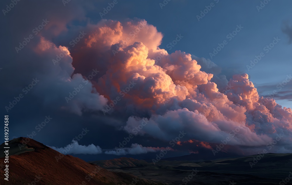 Fototapeta premium Dramatic Sunset Landscape with Pink and Orange Clouds over Mountains