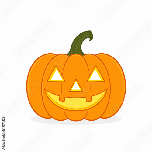 Classic Jack-o'-lantern illustration with a glowing carved face for Halloween celebrations. Orange pumpkin symbol isolated on a white background.