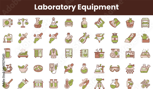 A colorful collection of laboratory equipment icons, showcasing various tools and instruments used in scientific experiments and research, featuring beakers, test tubes, and plants.