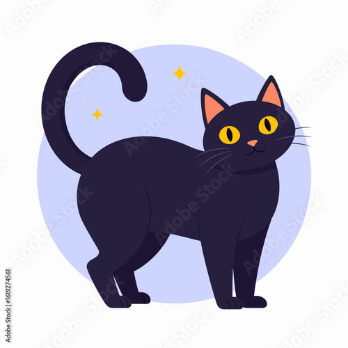 Charming black cat cartoon illustration with big yellow eyes and magical sparkles on a blue background