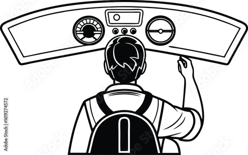 Illustration of a pilot controlling an aircraft inside the cockpit view from behind depicting instruments and controls vector graphic in a clean minimalist style