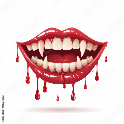 Vampire mouth with red lipstick and sharp fangs dripping blood. Scary female monster illustration for a Halloween horror concept.