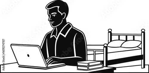 Man working on laptop in a bedroom depicting freelance lifestyle or work from home concept vector illustration